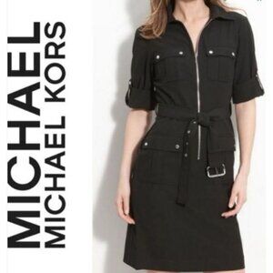 Michael Kors Women’s Zip Shirt Dress, Knee Length, Roll Sleeve Black Size PM